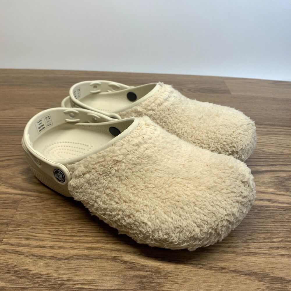 Crocs Classic Fuzz Mania Clog‎ Slip On Shoes Off White Cream Women's 9 Men 7